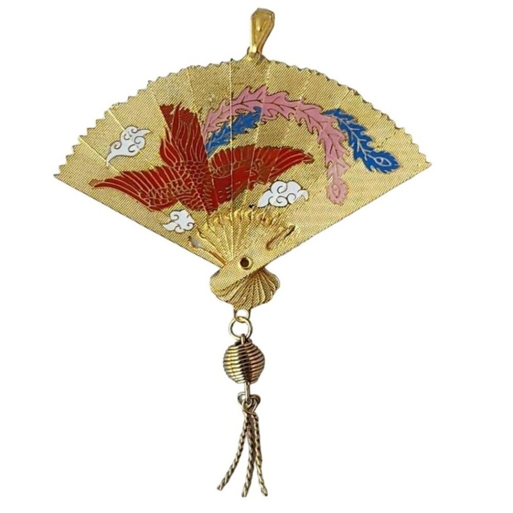 Vintage 70's Asian Chinese Articulated Gold Brass Fan Necklace Charm Pendant NOS